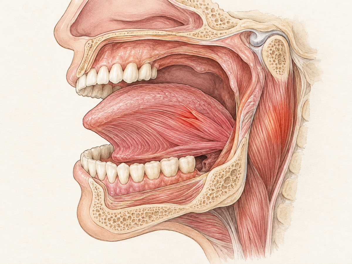 A side-view anatomical cross-section of the mouth and jaw centers on the tongue, showing its muscle fibers and a subtle localized area of spasm, with nearby teeth, gums, and jaw muscles suggesting clenching and fatigue as triggers.