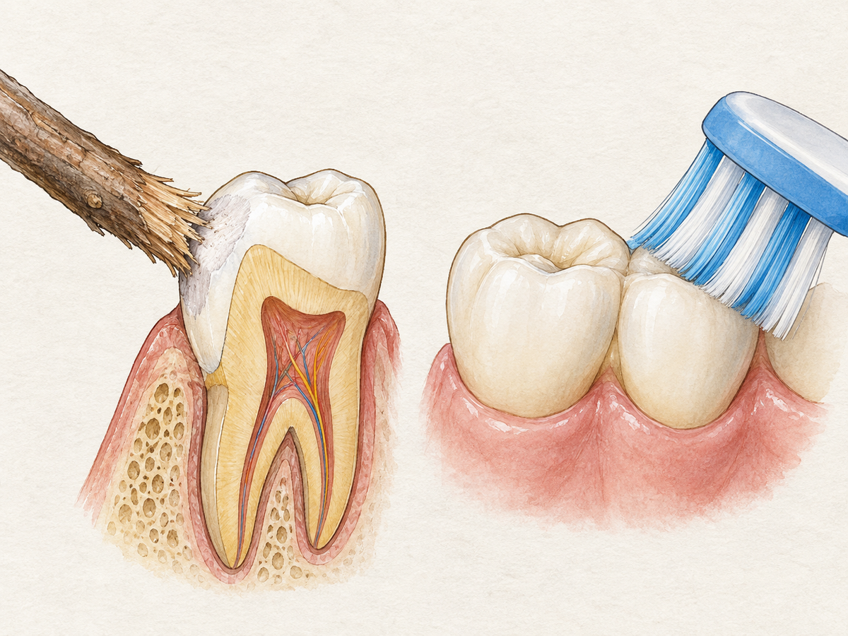 A frayed chewing twig rests against a tooth with subtly worn enamel, beside a soft-bristled toothbrush angled toward healthy pink gums, contrasting harsh historical scraping with gentle modern brushing.