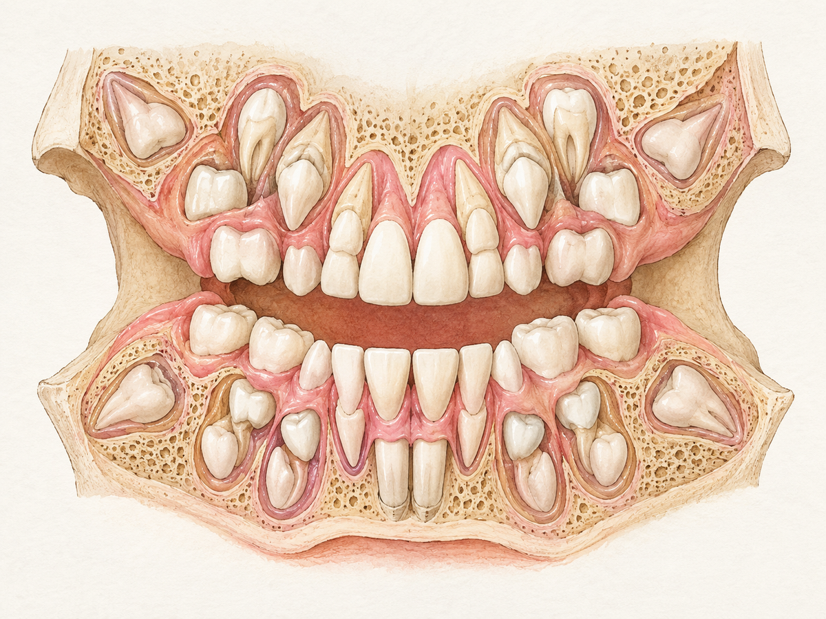 A cross-section of a child's upper and lower jaws shows mixed dentition, with permanent front teeth and first molars emerging while baby teeth remain, and developing canines, premolars, and wisdom teeth visible inside the gums and bone.